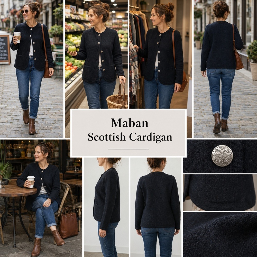 VTG Maban of‎ Scotland Black Boiled Wool Structured Cardigan Silver Crest L